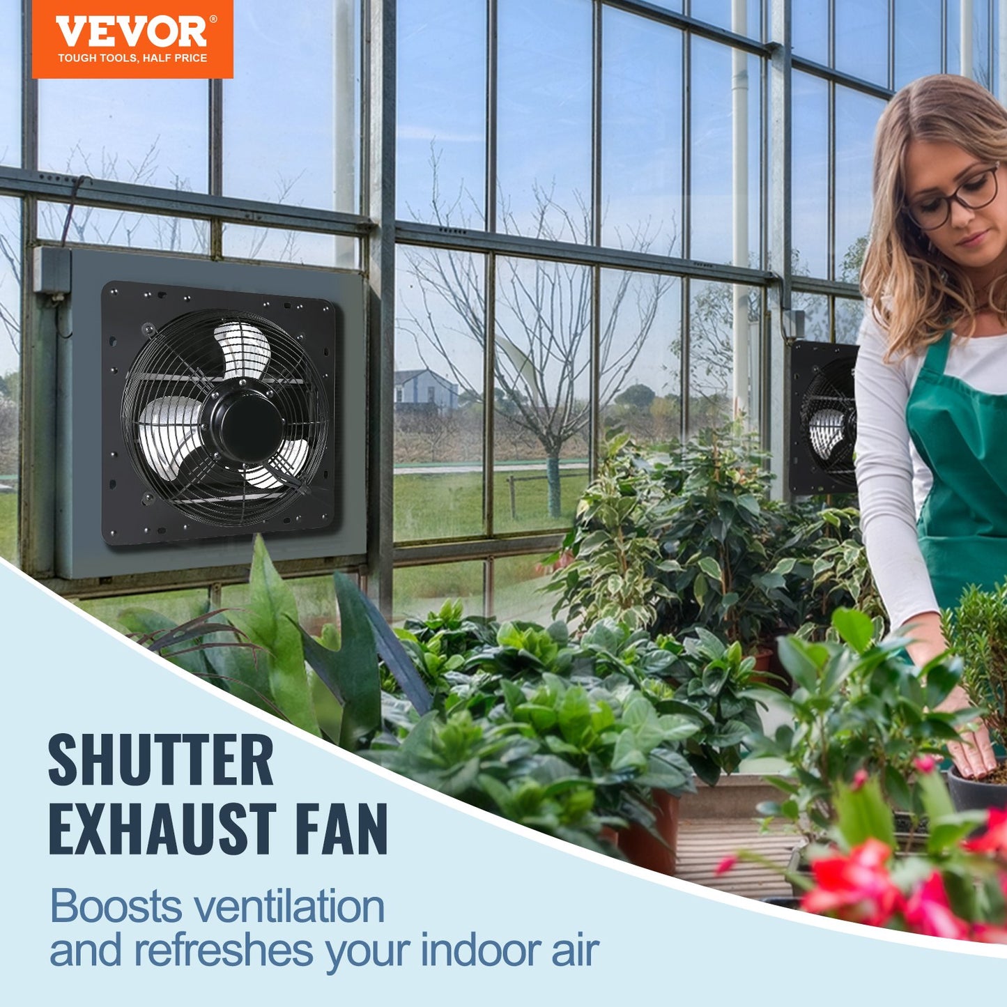 Shutter Exhaust Fan, 254mm with Temperature Humidity Controller, EC-motor, 843 CFM, Variable Speed Adjustable Wall Mount Attic Fan, Ventilation and Cooling for Greenhouses, Garages, Sheds