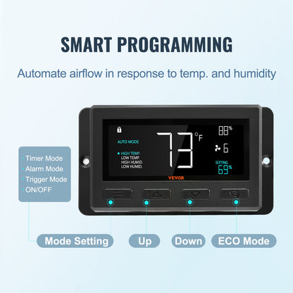 Shutter Exhaust Fan, 254mm with Temperature Humidity Controller, EC-motor, 843 CFM, Variable Speed Adjustable Wall Mount Attic Fan, Ventilation and Cooling for Greenhouses, Garages, Sheds