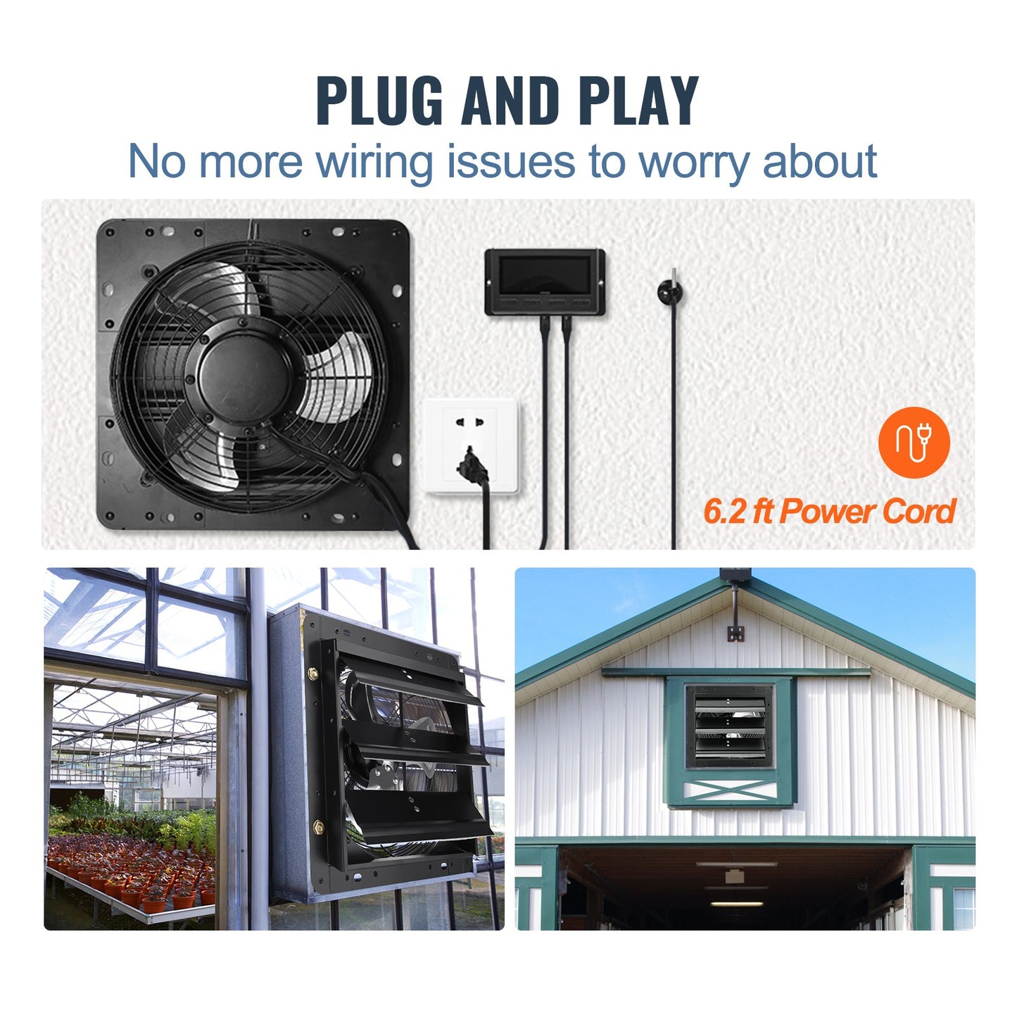 Shutter Exhaust Fan, 254mm with Temperature Humidity Controller, EC-motor, 843 CFM, Variable Speed Adjustable Wall Mount Attic Fan, Ventilation and Cooling for Greenhouses, Garages, Sheds