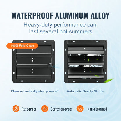 Shutter Exhaust Fan, 254mm with Temperature Humidity Controller, EC-motor, 843 CFM, Variable Speed Adjustable Wall Mount Attic Fan, Ventilation and Cooling for Greenhouses, Garages, Sheds