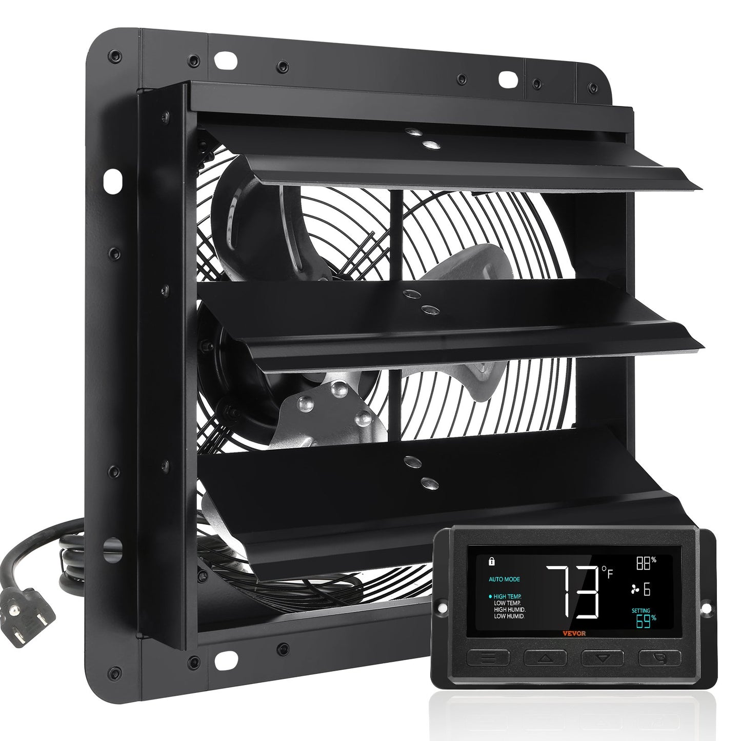 Shutter Exhaust Fan, 254mm with Temperature Humidity Controller, EC-motor, 843 CFM, Variable Speed Adjustable Wall Mount Attic Fan, Ventilation and Cooling for Greenhouses, Garages, Sheds