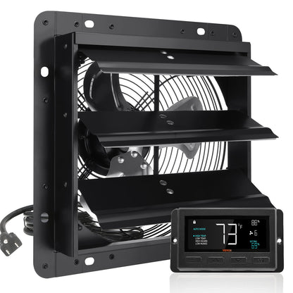 Shutter Exhaust Fan, 254mm with Temperature Humidity Controller, EC-motor, 843 CFM, Variable Speed Adjustable Wall Mount Attic Fan, Ventilation and Cooling for Greenhouses, Garages, Sheds