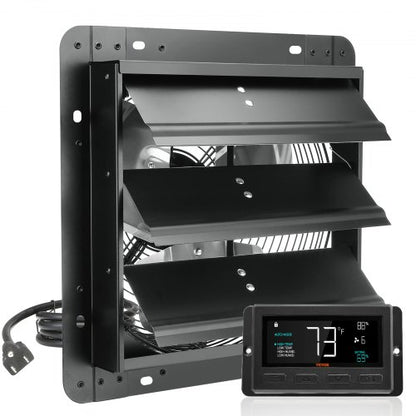 Shutter Exhaust Fan, 305 mm with Temperature Humidity Controller, EC-motor, 904 CFM, Variable Speed Adjustable Wall Mount Attic Fan, Ventilation and Cooling for Greenhouses, Garages, Sheds