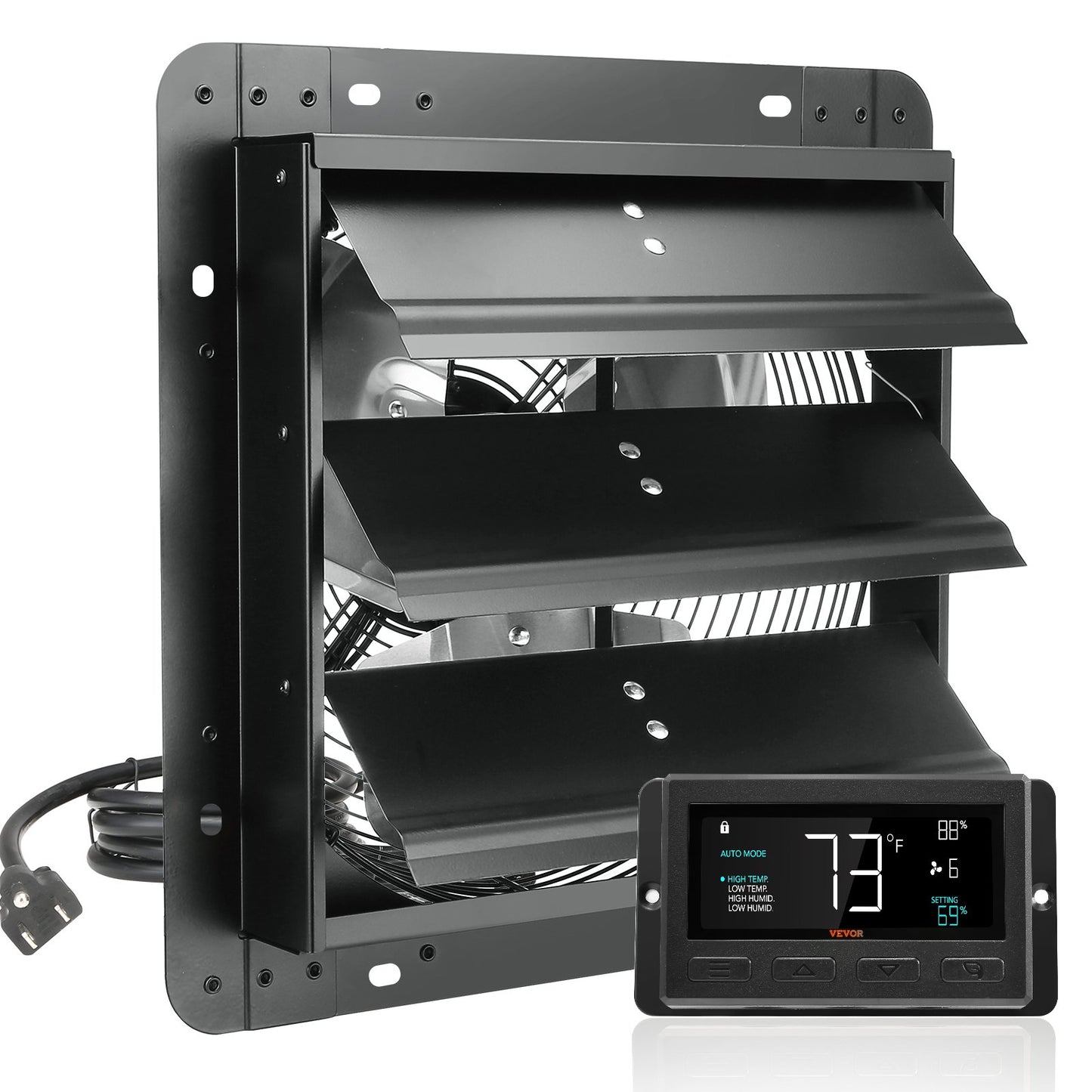 Shutter Exhaust Fan, 305 mm with Temperature Humidity Controller, EC-motor, 904 CFM, Variable Speed Adjustable Wall Mount Attic Fan, Ventilation and Cooling for Greenhouses, Garages, Sheds