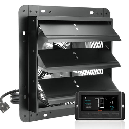 Shutter Exhaust Fan, 305 mm with Temperature Humidity Controller, EC-motor, 904 CFM, Variable Speed Adjustable Wall Mount Attic Fan, Ventilation and Cooling for Greenhouses, Garages, Sheds