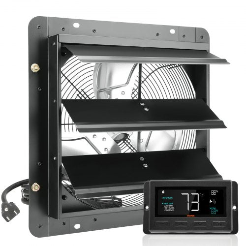 Shutter Exhaust Fan, 356 mm with Temperature Humidity Controller, EC-motor, 1024 CFM, Variable Speed Adjustable Wall Mount Attic Fan, Ventilation and Cooling for Greenhouses, Garages, Sheds