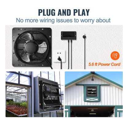 Shutter Exhaust Fan, 356 mm with Temperature Humidity Controller, EC-motor, 1024 CFM, Variable Speed Adjustable Wall Mount Attic Fan, Ventilation and Cooling for Greenhouses, Garages, Sheds