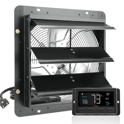 Shutter Exhaust Fan, 356 mm with Temperature Humidity Controller, EC-motor, 1024 CFM, Variable Speed Adjustable Wall Mount Attic Fan, Ventilation and Cooling for Greenhouses, Garages, Sheds