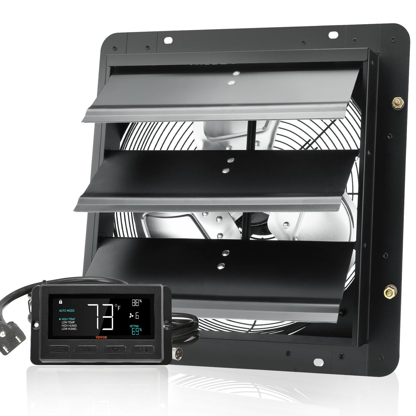 Shutter Exhaust Fan, 356 mm with Temperature Humidity Controller, EC-motor, 1024 CFM, Variable Speed Adjustable Wall Mount Attic Fan, Ventilation and Cooling for Greenhouses, Garages, Sheds