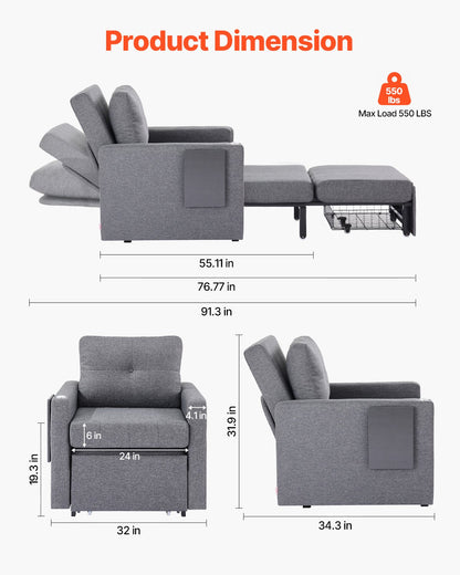 Bäddsoffa, Konvertibel bäddsoffa med sidofack, kudde, armstöd och skrivbordsskiva, 5 justerbara ryggstöd, utdragbar enkel soffa med 2 hjul och förvaring i botten, grå
