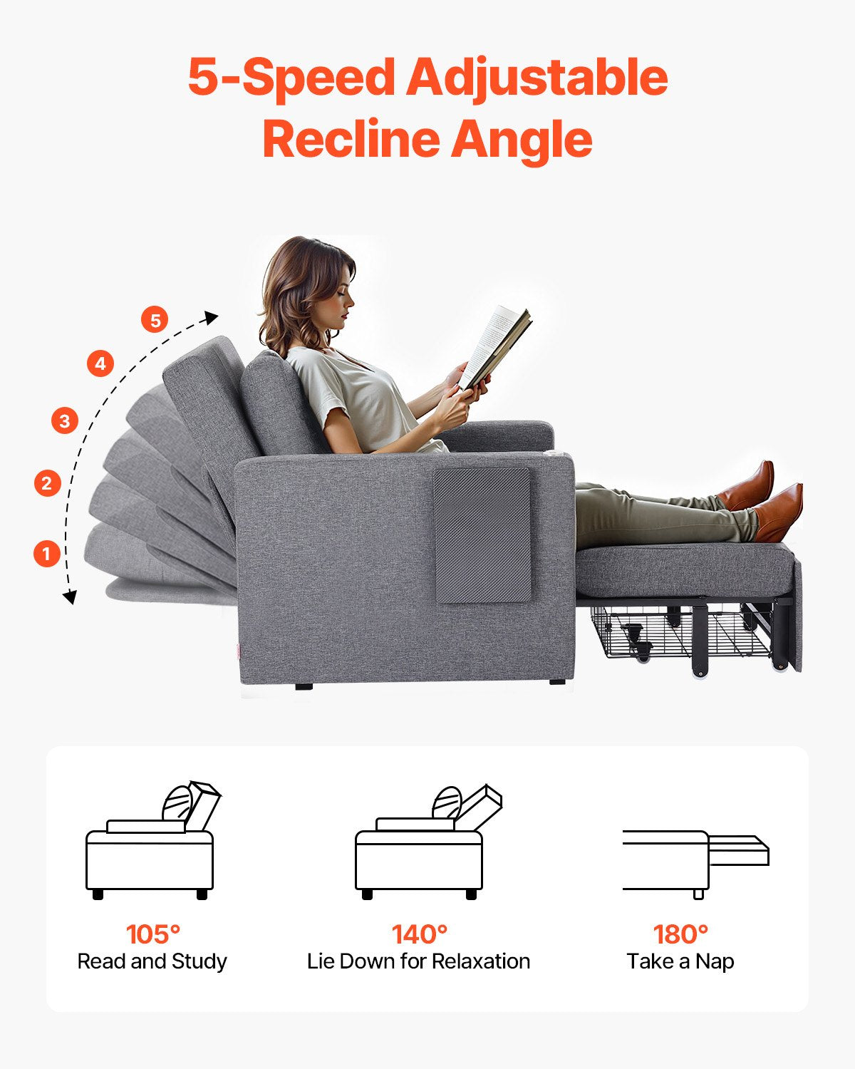 Bäddsoffa, Konvertibel bäddsoffa med sidofack, kudde, armstöd och skrivbordsskiva, 5 justerbara ryggstöd, utdragbar enkel soffa med 2 hjul och förvaring i botten, grå