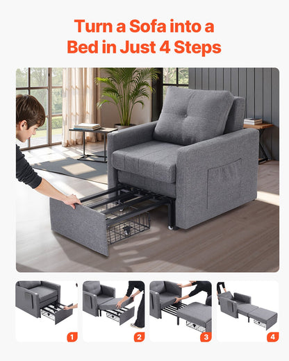 Bäddsoffa, Konvertibel bäddsoffa med sidofack, kudde, armstöd och skrivbordsskiva, 5 justerbara ryggstöd, utdragbar enkel soffa med 2 hjul och förvaring i botten, grå