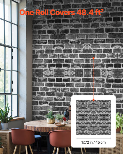 Peel and Stick Wallpaper, 45cm x 10m Contact Paper Gray Brick Waterpoof Self Adhesive, Easy to Clean & Peel Wall Decorative Vinyl Roll for Bedroom Kitchen Office Bathroom Desk