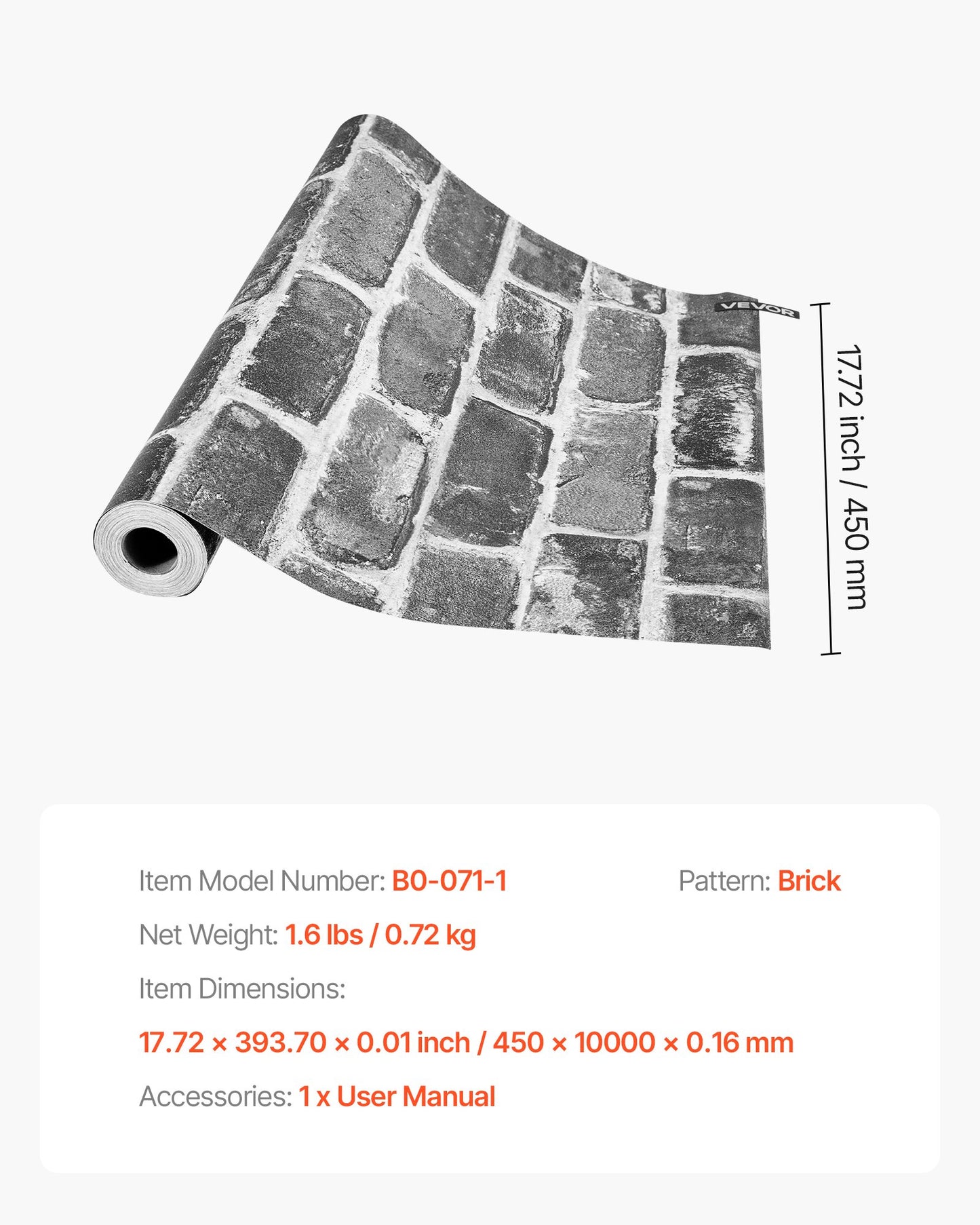 Peel and Stick Wallpaper, 45cm x 10m Contact Paper Gray Brick Waterpoof Self Adhesive, Easy to Clean & Peel Wall Decorative Vinyl Roll for Bedroom Kitchen Office Bathroom Desk