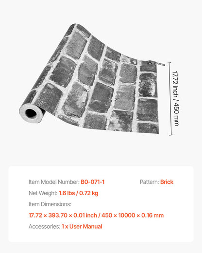 Peel and Stick Wallpaper, 45cm x 10m Contact Paper Gray Brick Waterpoof Self Adhesive, Easy to Clean & Peel Wall Decorative Vinyl Roll for Bedroom Kitchen Office Bathroom Desk