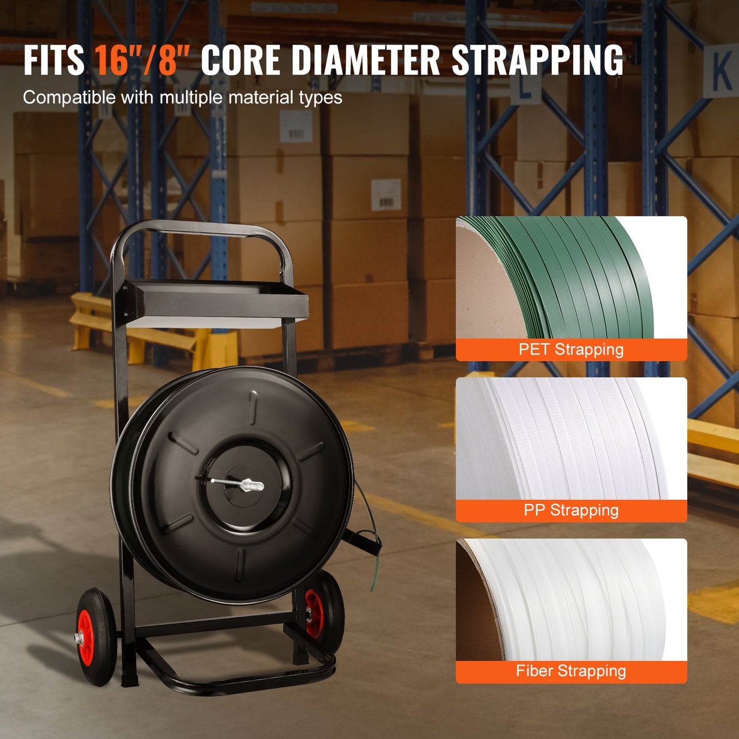 Banding Strapping Cart, for PET/PP/Fiber Strapping Coils with 8" Core Size, Heavy Duty Strapping Dispenser, Equipped with Anti-Retreat Pulleys, Upgrade Brake System, Spacious Tray for Tools