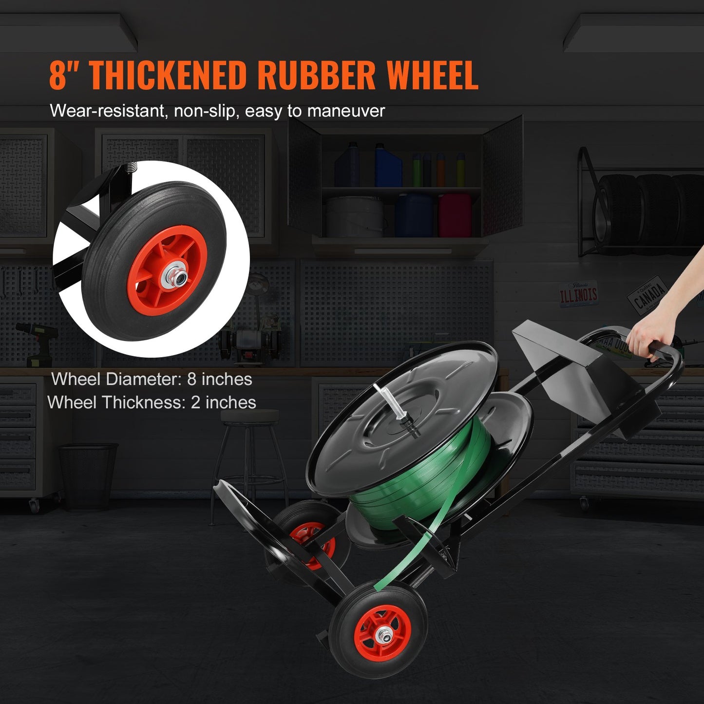 Banding Strapping Cart, for PET/PP/Fiber Strapping Coils with 8" Core Size, Heavy Duty Strapping Dispenser, Equipped with Anti-Retreat Pulleys, Upgrade Brake System, Spacious Tray for Tools