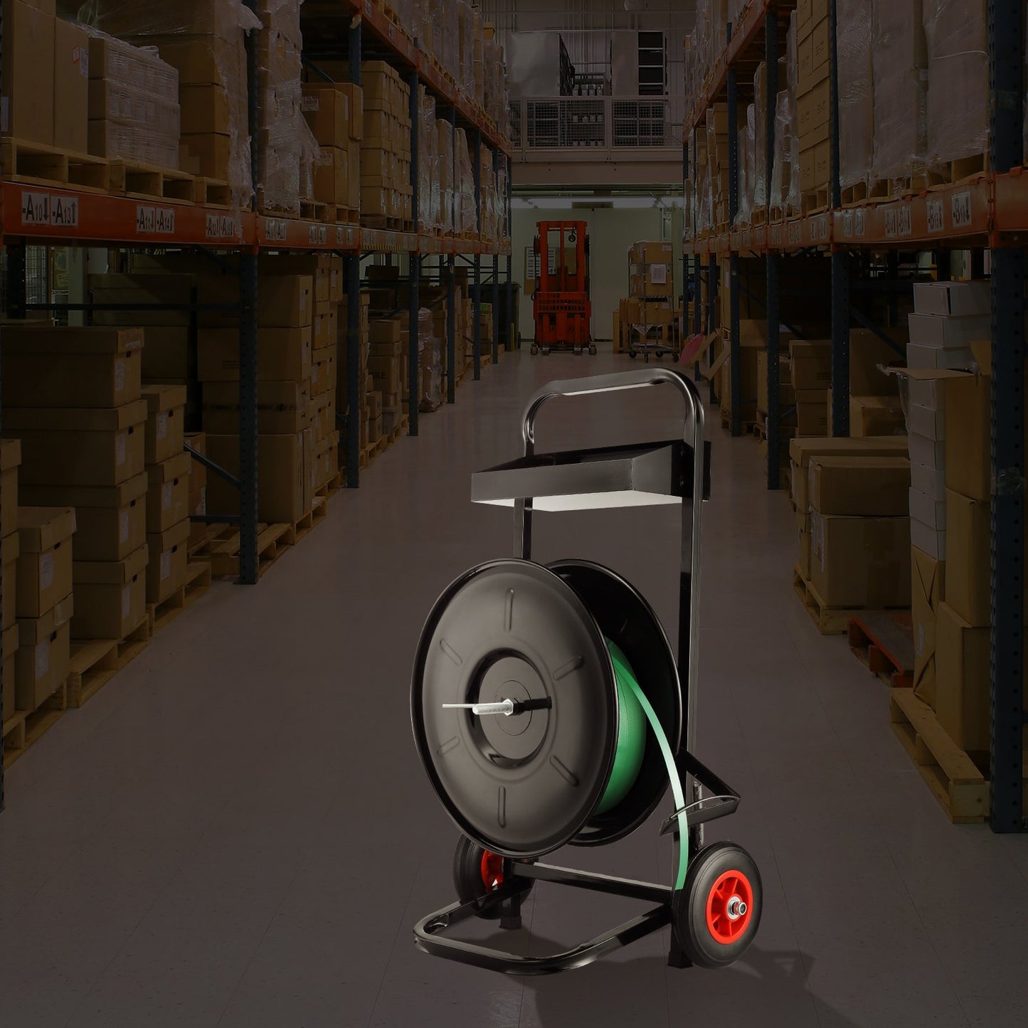 Banding Strapping Cart, for PET/PP/Fiber Strapping Coils with 8" Core Size, Heavy Duty Strapping Dispenser, Equipped with Anti-Retreat Pulleys, Upgrade Brake System, Spacious Tray for Tools