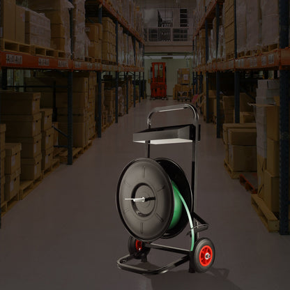 Banding Strapping Cart, for PET/PP/Fiber Strapping Coils with 8" Core Size, Heavy Duty Strapping Dispenser, Equipped with Anti-Retreat Pulleys, Upgrade Brake System, Spacious Tray for Tools