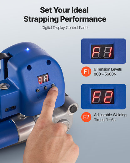 Electric Strapping Machine, 2 x 4000mAh Batteries, Automatic Strapping Tool with Digital Display for 10-19 mm Wide PET Straps, Banding Tensioner Machine for Packaging Box Pallet