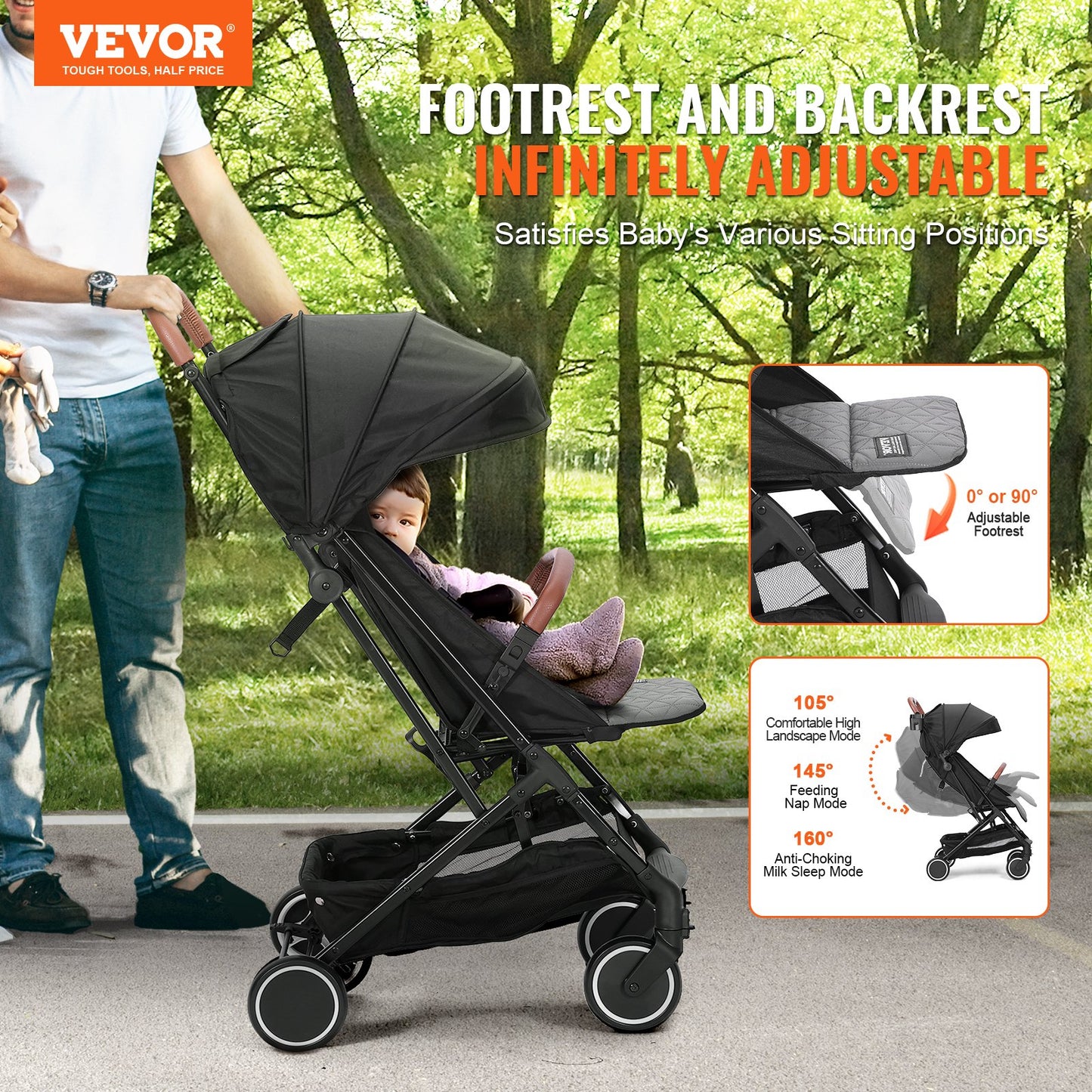 Standard Baby Infant Stroller, Toddler Stroller with 95°-175° Adjustable Backrest & & 0/90°Adjustable Footrest & One-click Folding, Newborn Stroller with Cup Holder and Carry Bag, Black