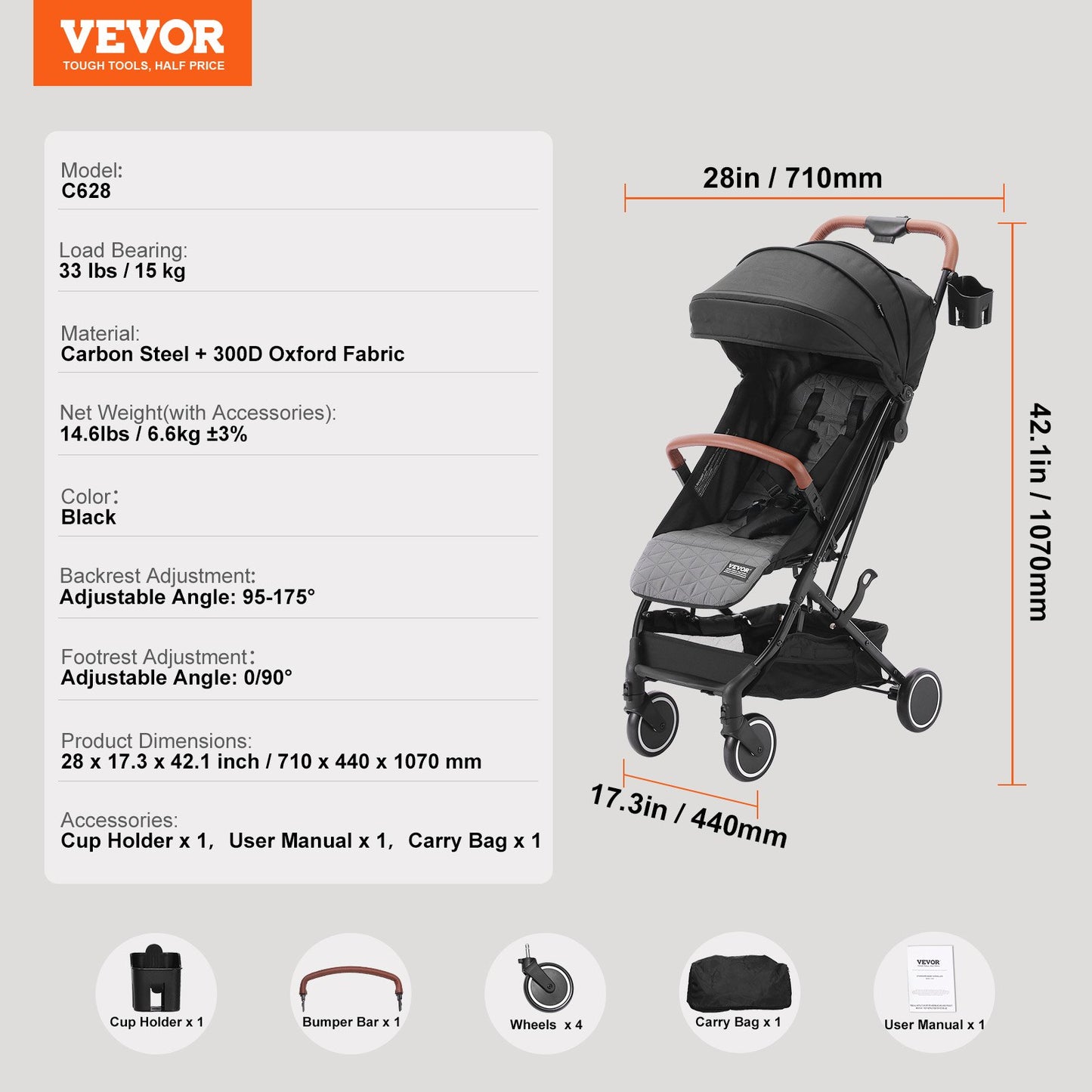 Standard Baby Infant Stroller, Toddler Stroller with 95°-175° Adjustable Backrest & & 0/90°Adjustable Footrest & One-click Folding, Newborn Stroller with Cup Holder and Carry Bag, Black