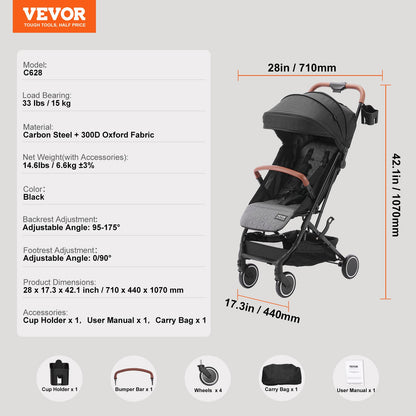 Standard Baby Infant Stroller, Toddler Stroller with 95°-175° Adjustable Backrest & & 0/90°Adjustable Footrest & One-click Folding, Newborn Stroller with Cup Holder and Carry Bag, Black