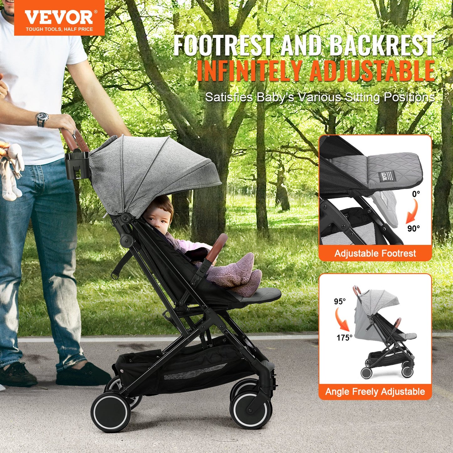 Standard Baby Infant Stroller, Toddler Stroller with 95°-175° Adjustable Backrest & & 0/90°Adjustable Footrest & One-click Folding, Newborn Stroller with Cup Holder and Carry Bag, Dark Grey