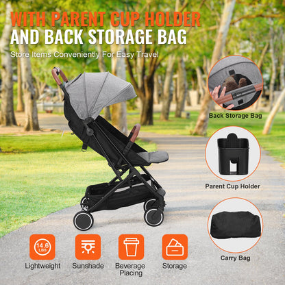 Standard Baby Infant Stroller, Toddler Stroller with 95°-175° Adjustable Backrest & & 0/90°Adjustable Footrest & One-click Folding, Newborn Stroller with Cup Holder and Carry Bag, Dark Grey