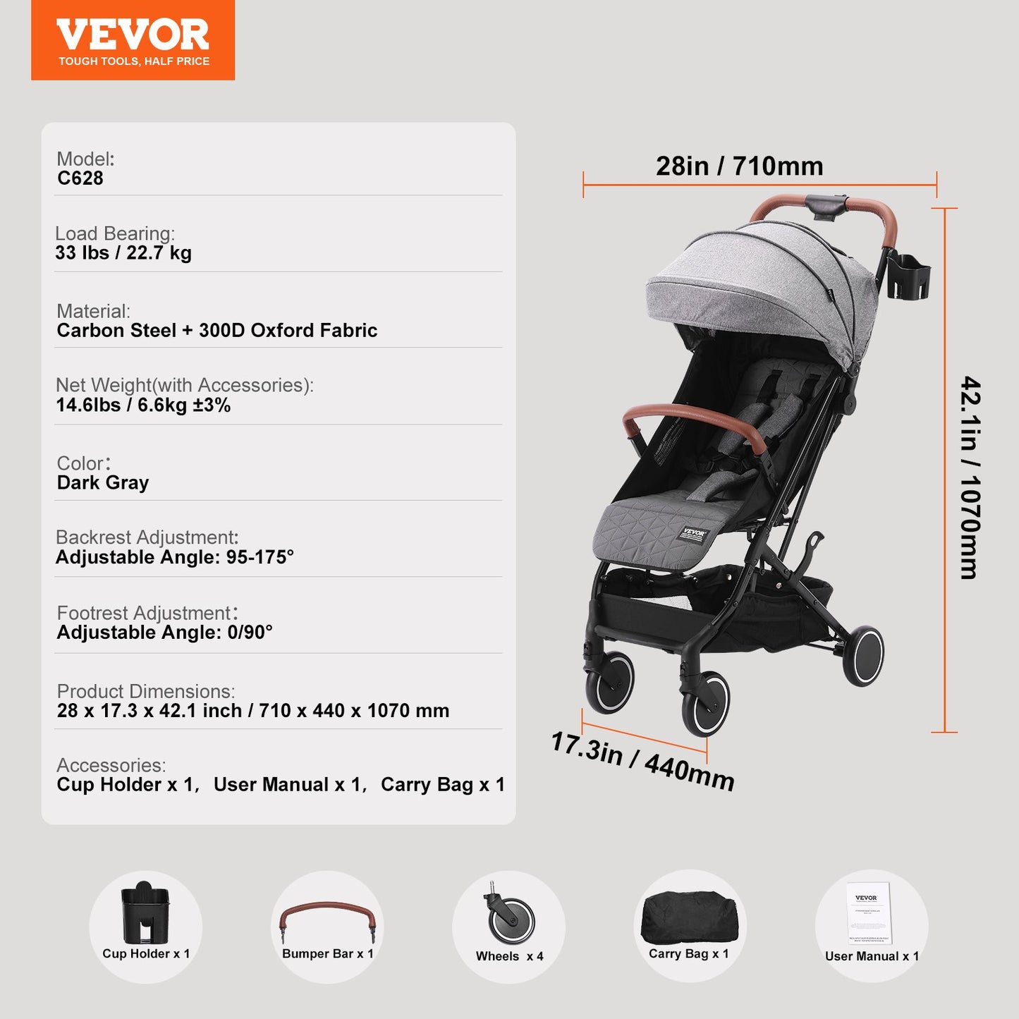 Standard Baby Infant Stroller, Toddler Stroller with 95°-175° Adjustable Backrest & & 0/90°Adjustable Footrest & One-click Folding, Newborn Stroller with Cup Holder and Carry Bag, Dark Grey
