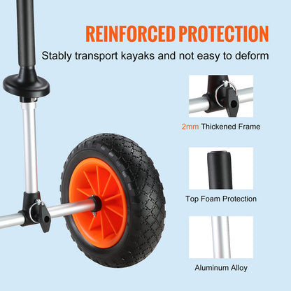 Heavy Duty Kayak Cart, 280lbs Load Capacity, Detachable Canoe Trolley Cart with 10'' Solid Tires, Adjustable Width & Top Foam Protection, for Kayaks with Drain Holes of 2.54cm and Above