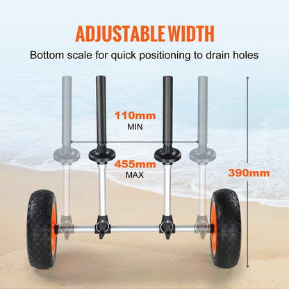 Heavy Duty Kayak Cart, 280lbs Load Capacity, Detachable Canoe Trolley Cart with 10'' Solid Tires, Adjustable Width & Top Foam Protection, for Kayaks with Drain Holes of 2.54cm and Above