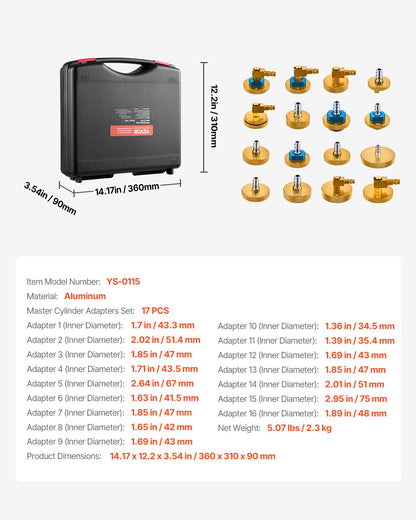 Bromshuvudluftningssats, 17 delar, professionell bromsluftningsadaptersats med komplett sats och handtag, hållbar bromsluftningsadapter för bromsvätskepåfyllning, passar de flesta nya och gamla fordon