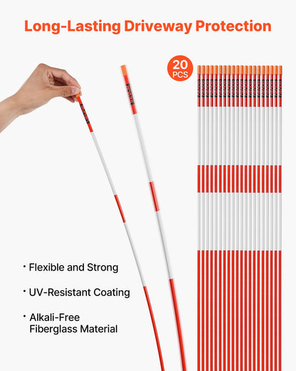 Uppfartsmarkörer, 20 st. 122 cm långa, 6,35 mm diameter, hög synlighet för uppfarten med 12-tums stålborrar, reflekterande snöpinnar, glasfiberstång för parkeringsplatser, gångvägar, snöröjning