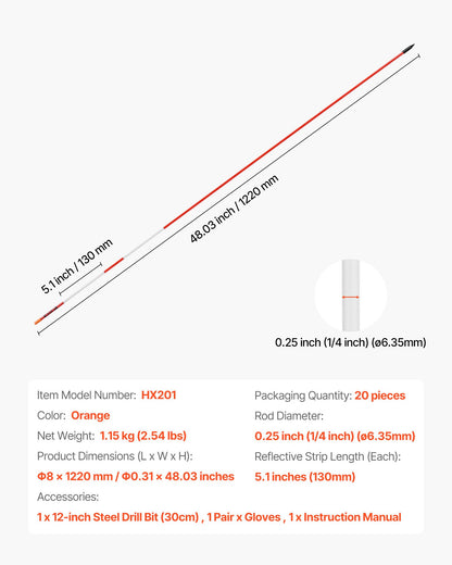 Uppfartsmarkörer, 20 st. 122 cm långa, 6,35 mm diameter, hög synlighet för uppfarten med 12-tums stålborrar, reflekterande snöpinnar, glasfiberstång för parkeringsplatser, gångvägar, snöröjning