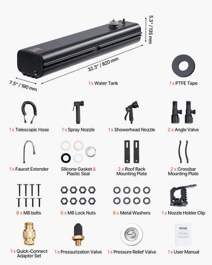 Takräckesvattentank, 1,8 liter, multidispenserande utomhustank med 2 stänkskydd och T-spår, högkapacitets aluminiumtank med tryckport, passar för bagageutrymmen, störtbågar och tvärbågar