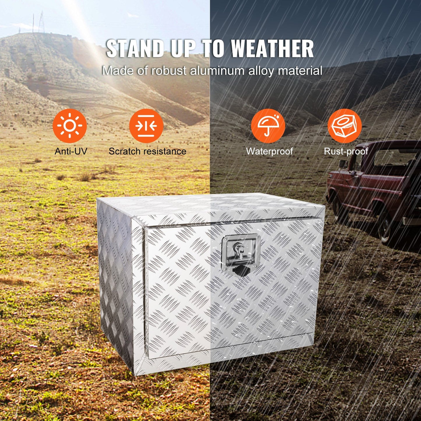 Underbody Truck Box, 61 x 35.6 x 40.6 cm Pickup Storage Box, Heavy Duty Aluminum Diamond Plate Tool Box with Lock and Keys, Waterproof Trailer Storage Box with T-Handle Latch for Truck, Van, Trailer