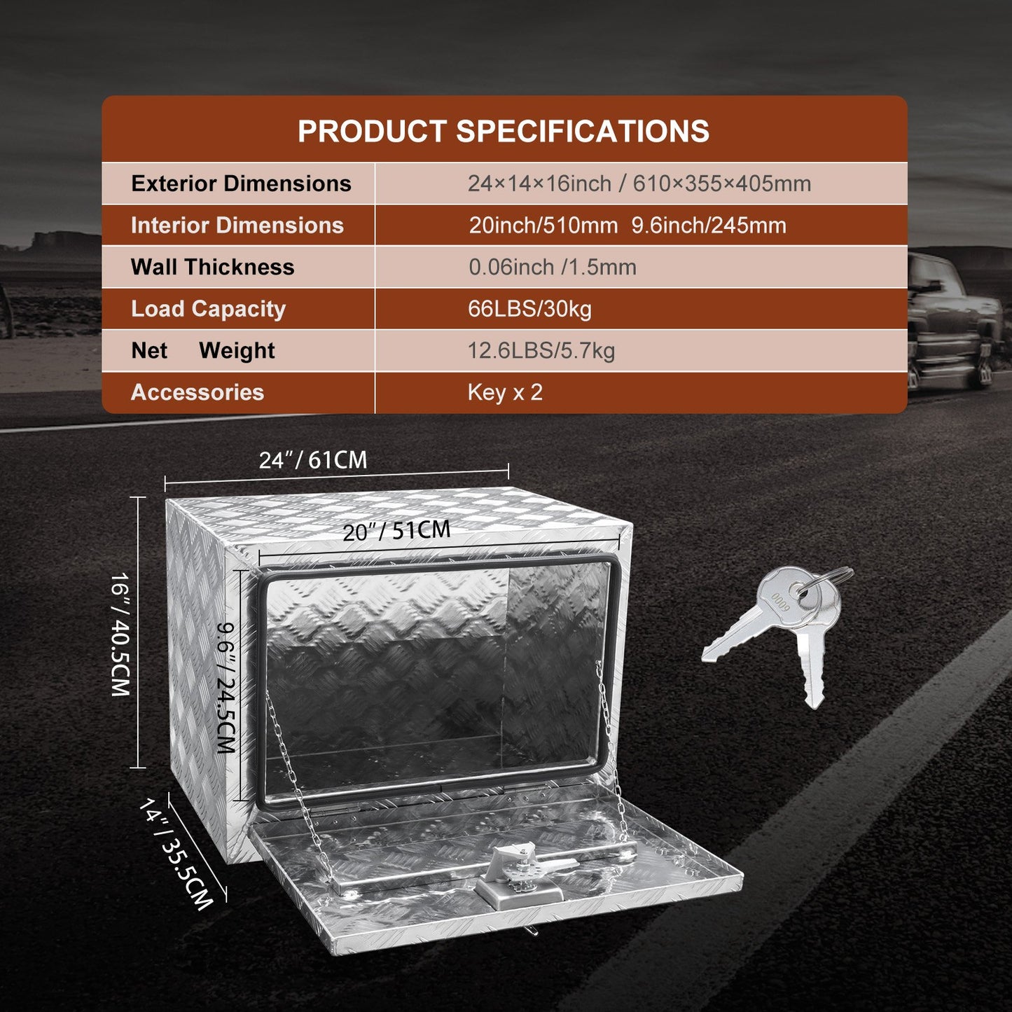 Underbody Truck Box, 61 x 35.6 x 40.6 cm Pickup Storage Box, Heavy Duty Aluminum Diamond Plate Tool Box with Lock and Keys, Waterproof Trailer Storage Box with T-Handle Latch for Truck, Van, Trailer