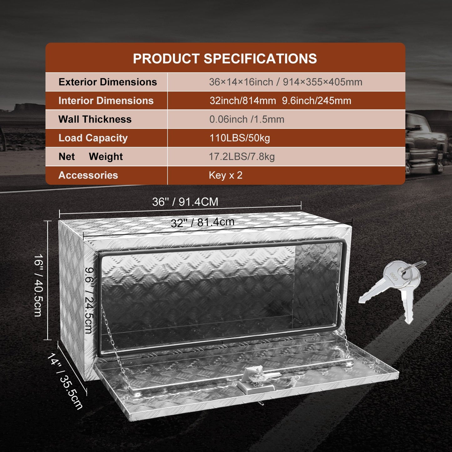 Underbody Truck Box, 914 x 355 x 405 mm Pickup Storage Box, Heavy Duty Aluminum Diamond Plate Tool Box with Lock and Keys, Waterproof Trailer Storage Box with T-Handle Latch for Truck, Van, Trailer