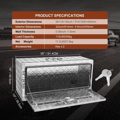 Underbody Truck Box, 914 x 355 x 405 mm Pickup Storage Box, Heavy Duty Aluminum Diamond Plate Tool Box with Lock and Keys, Waterproof Trailer Storage Box with T-Handle Latch for Truck, Van, Trailer