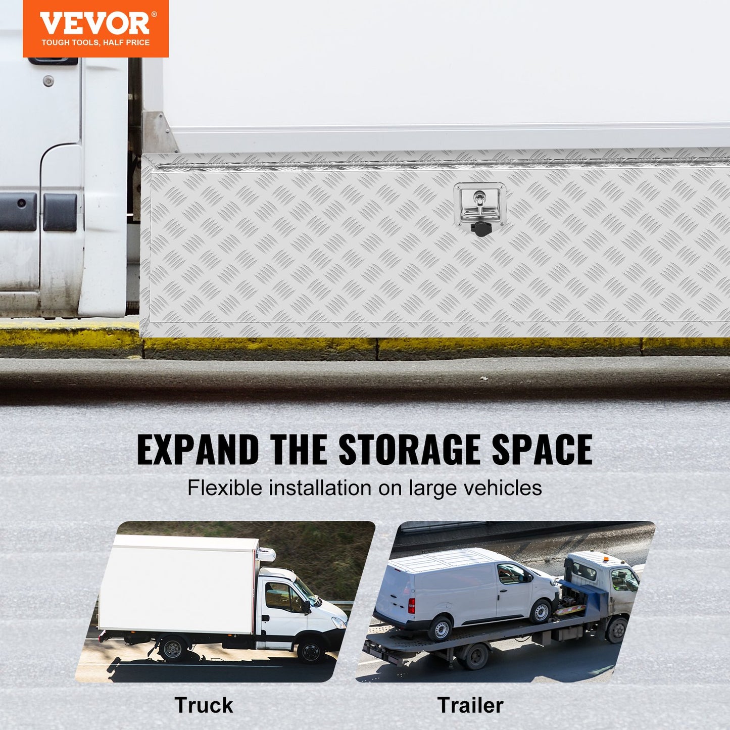 Underbody Truck Box, 1524 x 610 x 610 mm Pickup Storage Box, Heavy Duty Aluminum Diamond Plate Tool Box with Lock and Keys, Waterproof Trailer Storage Box with T-Handle Latch for Truck, Van, Trailer