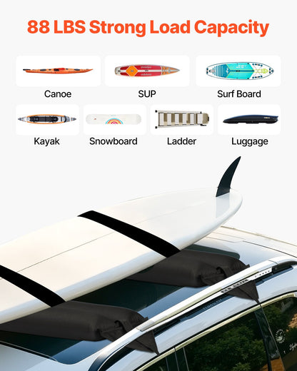 Inflatable Soft Roof Rack Bars, 37.6-Inch Universal Car Roof Rack Pads, 88LBS Loading Luggage Kayak Carrier with 2 Tie-Down Straps & Ropes, Hand Air Pump, Storage Bag for Canoes Surfboards SUPs