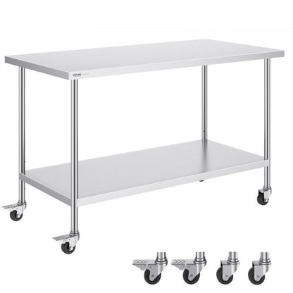 Stainless Steel Work Table 30 x 60 x 38 Inch, with 4 Wheels, 3 Adjustable Height Levels, Heavy Duty Food Prep Worktable for Commercial Kitchen Restaurant, Silver