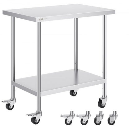 Stainless Steel Work Table 24 x 36 x 38 Inch, with 4 Wheels, 3 Adjustable Height Levels, Heavy Duty Food Prep Worktable for Commercial Kitchen Restaurant, Silver