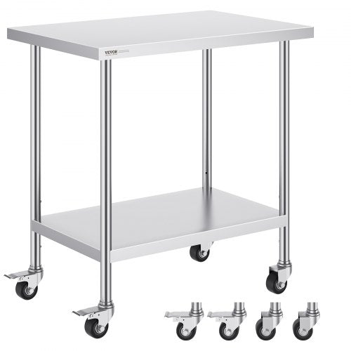 Stainless Steel Work Table 24 x 36 x 38 Inch, with 4 Wheels, 3 Adjustable Height Levels, Heavy Duty Food Prep Worktable for Commercial Kitchen Restaurant, Silver