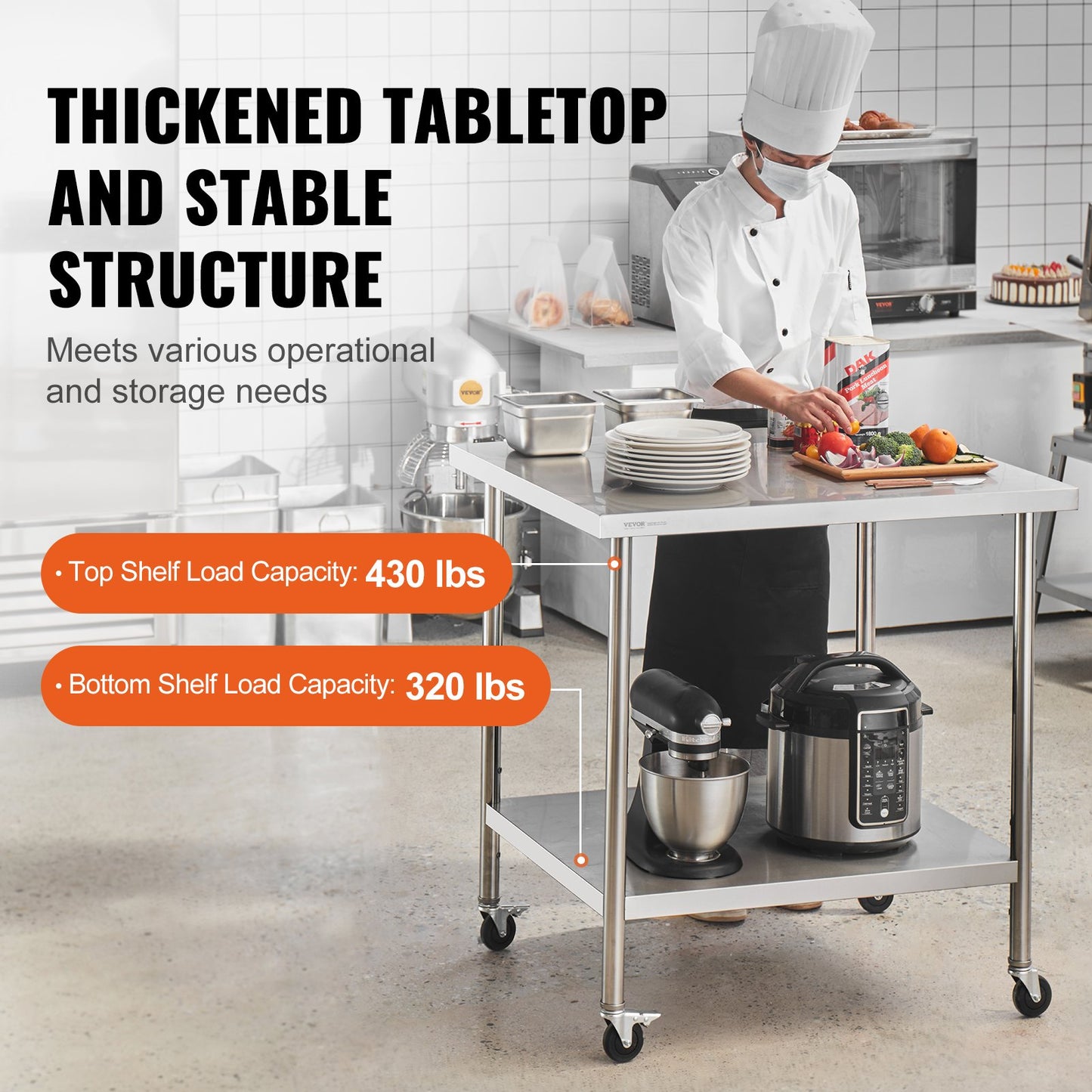 Stainless Steel Work Table 24 x 36 x 38 Inch, with 4 Wheels, 3 Adjustable Height Levels, Heavy Duty Food Prep Worktable for Commercial Kitchen Restaurant, Silver