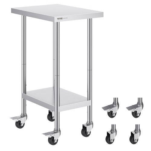 Stainless Steel Work Table 24 x 18 x 38 Inch, with 4 Wheels, 3 Adjustable Height Levels, Heavy Duty Food Prep Worktable for Commercial Kitchen Restaurant, Silver