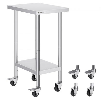 Stainless Steel Work Table 24 x 18 x 38 Inch, with 4 Wheels, 3 Adjustable Height Levels, Heavy Duty Food Prep Worktable for Commercial Kitchen Restaurant, Silver