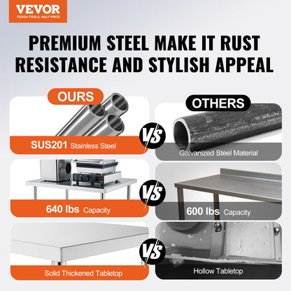 Stainless Steel Work Table 24 x 18 x 38 Inch, with 4 Wheels, 3 Adjustable Height Levels, Heavy Duty Food Prep Worktable for Commercial Kitchen Restaurant, Silver