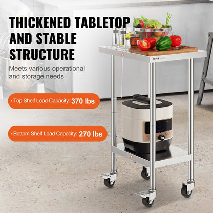 Stainless Steel Work Table 24 x 18 x 38 Inch, with 4 Wheels, 3 Adjustable Height Levels, Heavy Duty Food Prep Worktable for Commercial Kitchen Restaurant, Silver